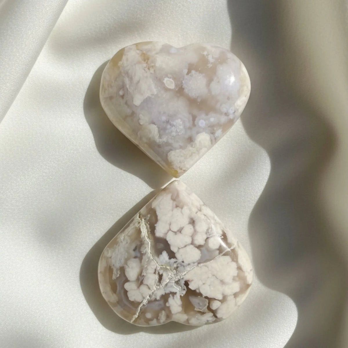 set of two flower agate carved hearts 