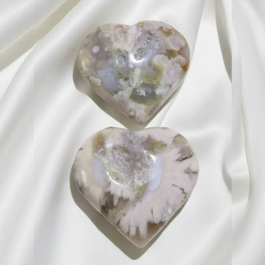 Set of two flower agate carved hearts 