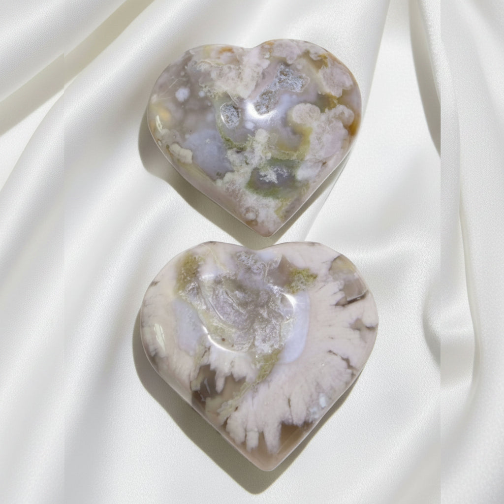 Set of two flower agate carved hearts 