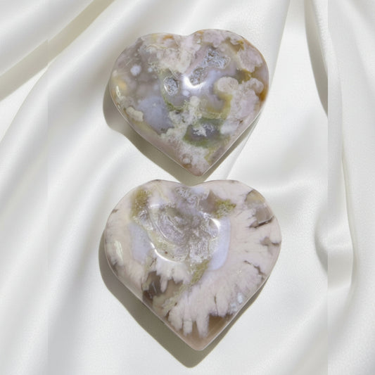 Set of two flower agate carved hearts 