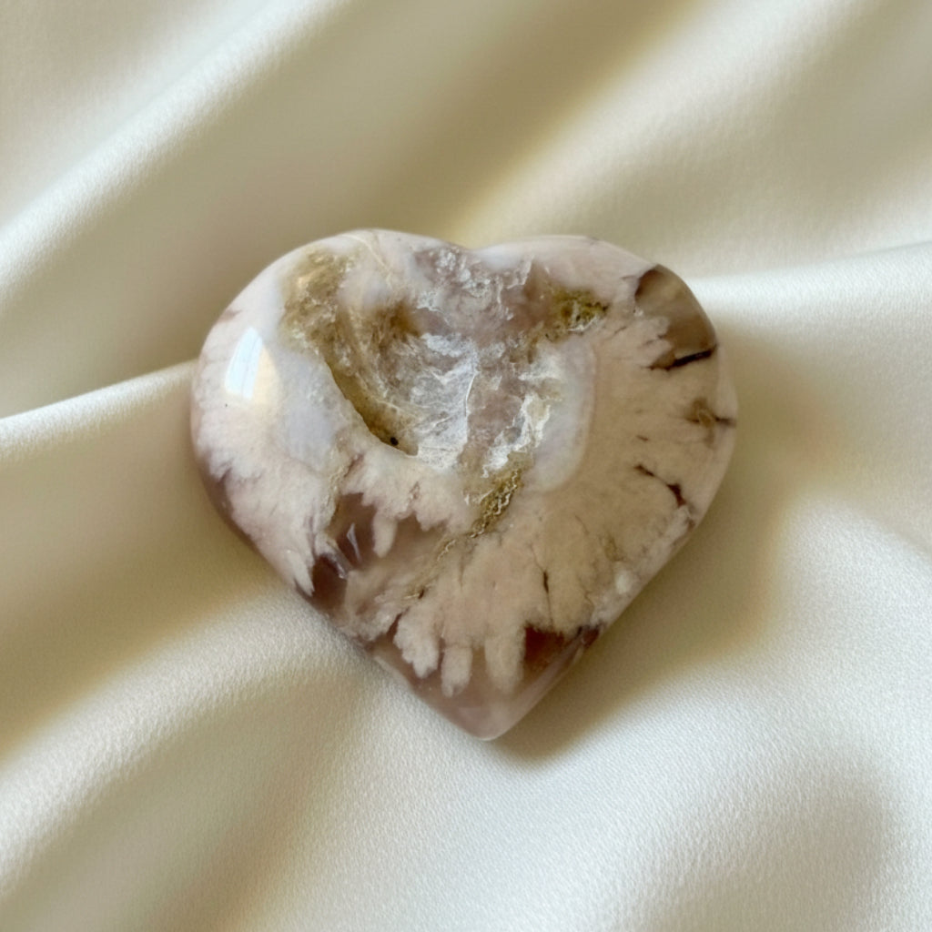 Flower Agate carved heart browns, off white color 