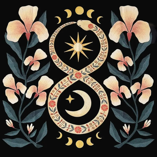 Altar cloth with Iris flowers and Ouroboros eternal cycles snake black, peach colors