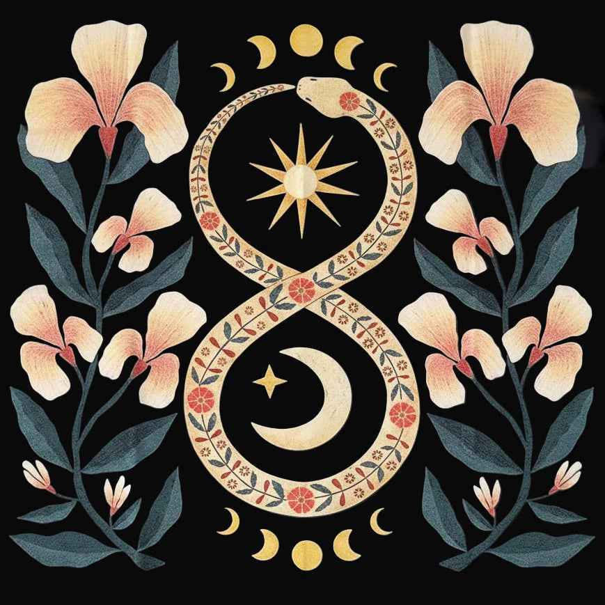 Altar cloth with Iris flowers and Ouroboros eternal cycles snake black, peach colors