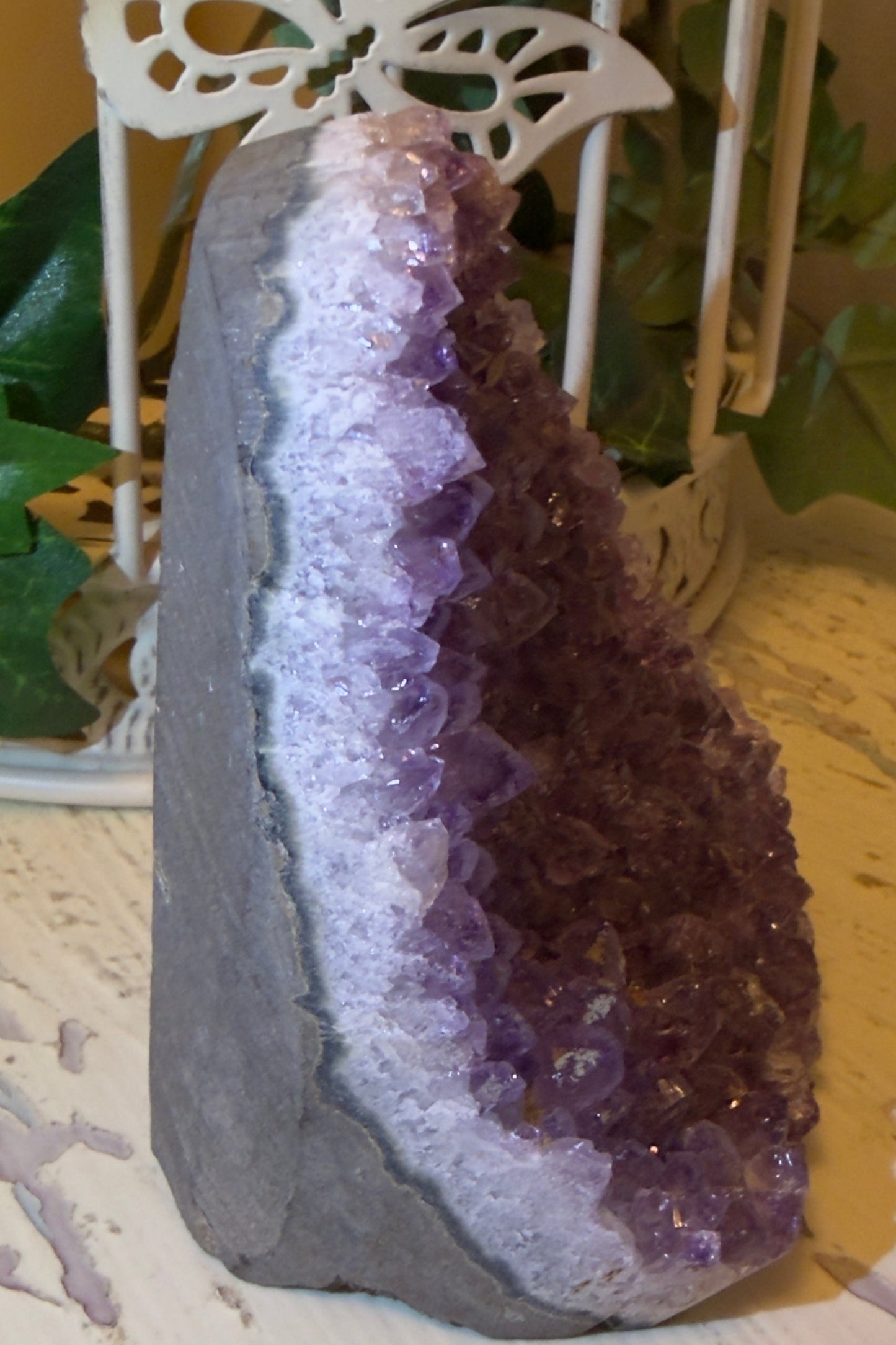 close up of side view raw amethyst 