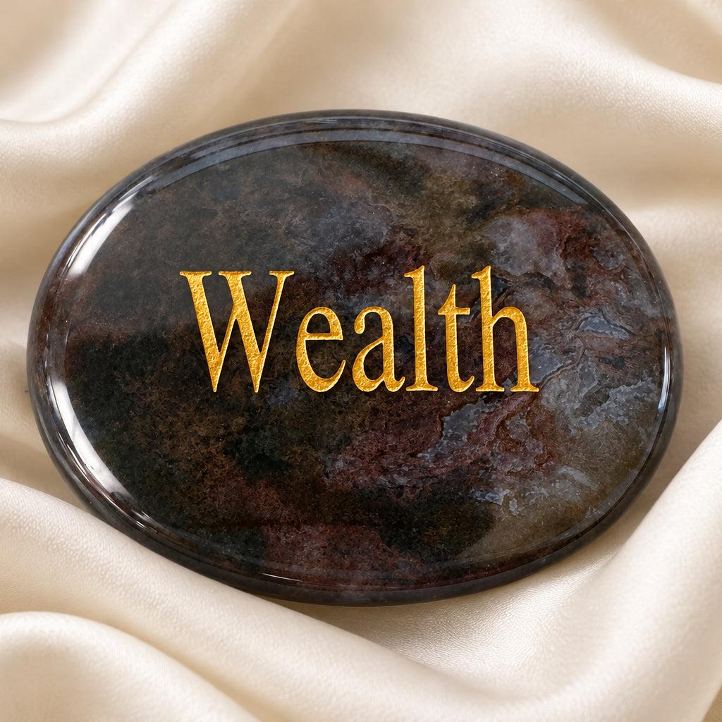 Moss agate oval worry stone with Wealth etched on one side in gold tone lettering