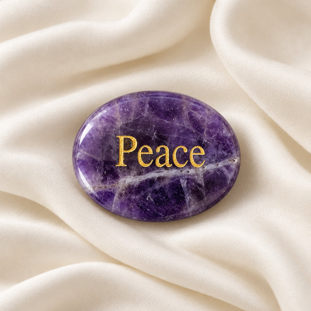 Oval carved worry stone amethyst with Peace etched in one side in a gold tone lettering