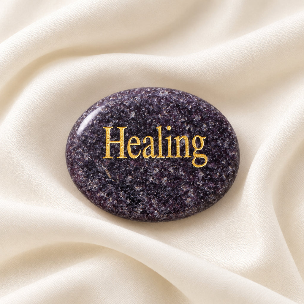 Lepidolite oval carved worry stone with Healing etched on one side in gold tone lettering