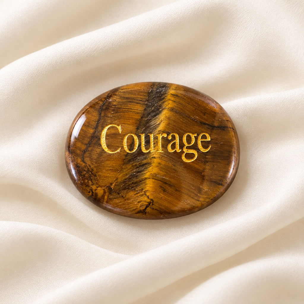 Oval worry stone carved in Tiger’s Eye crystal with the word Courage etched in a gold tone lettering
