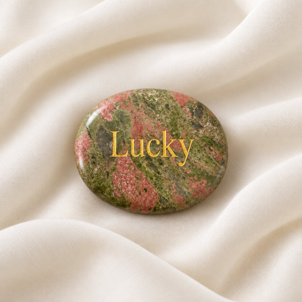 carved oval worry stone unakite crystal with Lucky etched on one side in a gold tone lettering