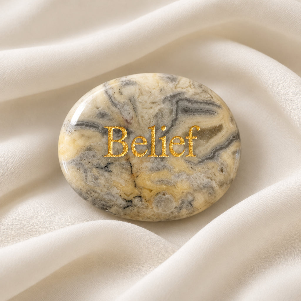 Crazy Lace agate crystal carved into an oval shape with the word Belief etched on one side in a gold tone lettering
