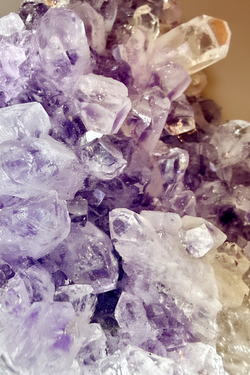 Close-up of amethyst crystals with a beige background