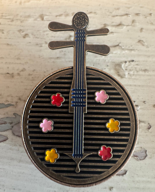 Chinese Incense Holder Brass in the Shape of Yueqin (Painted Flowers) - Main Street Crystals & Minerals