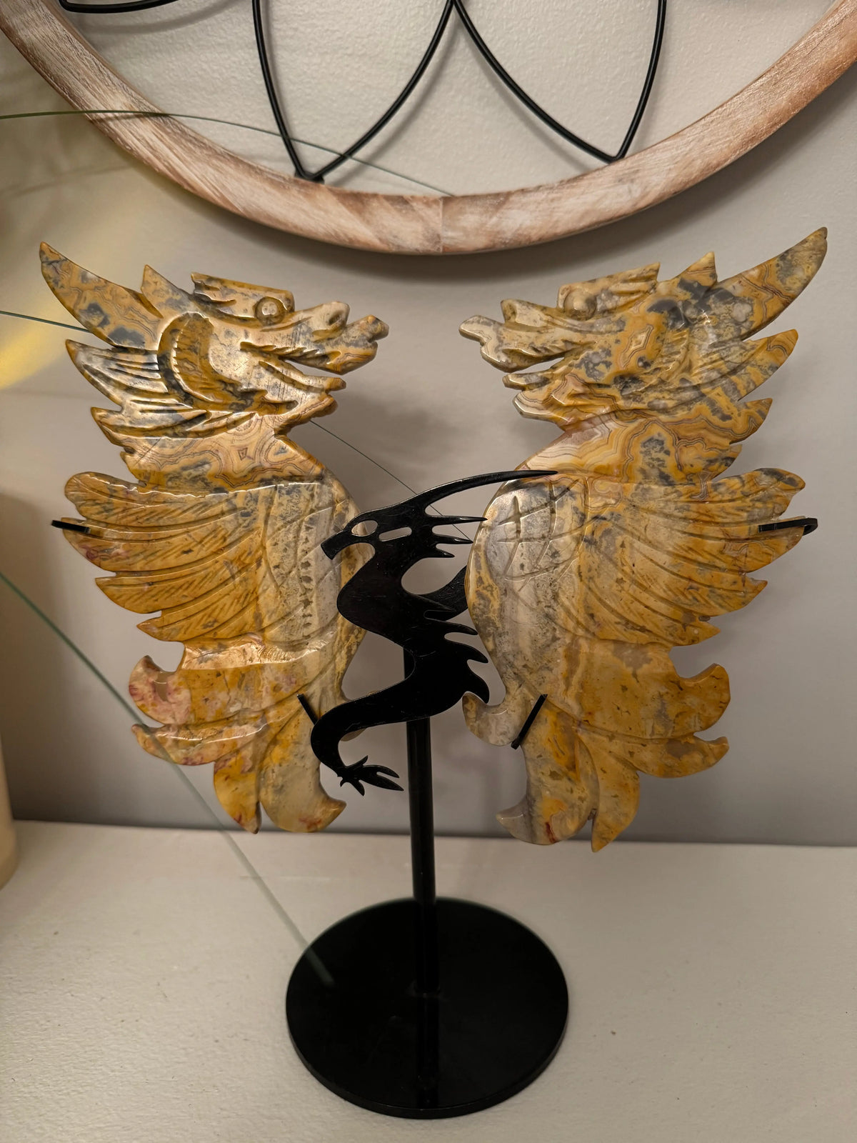 Crazy Lace Agate dragon wing carving pair full display