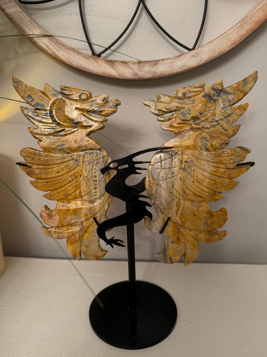Crazy Lace Agate dragon wing carving pair on stand front view