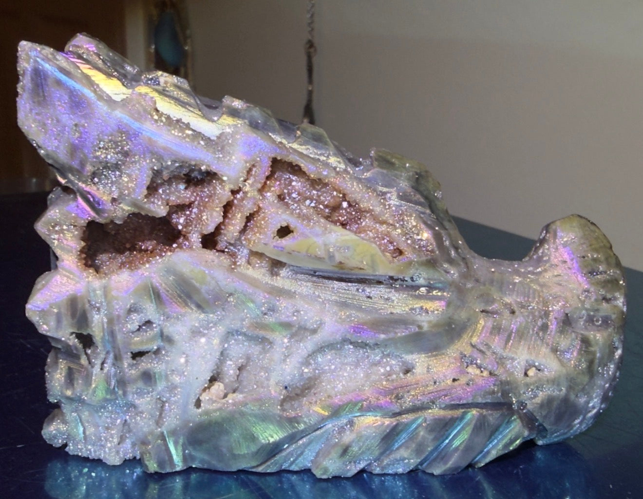 Rainbow Aura Druzy Sphalerite Dragon Head Skull Carving, Spiritual Balance Wt 15.2 oz