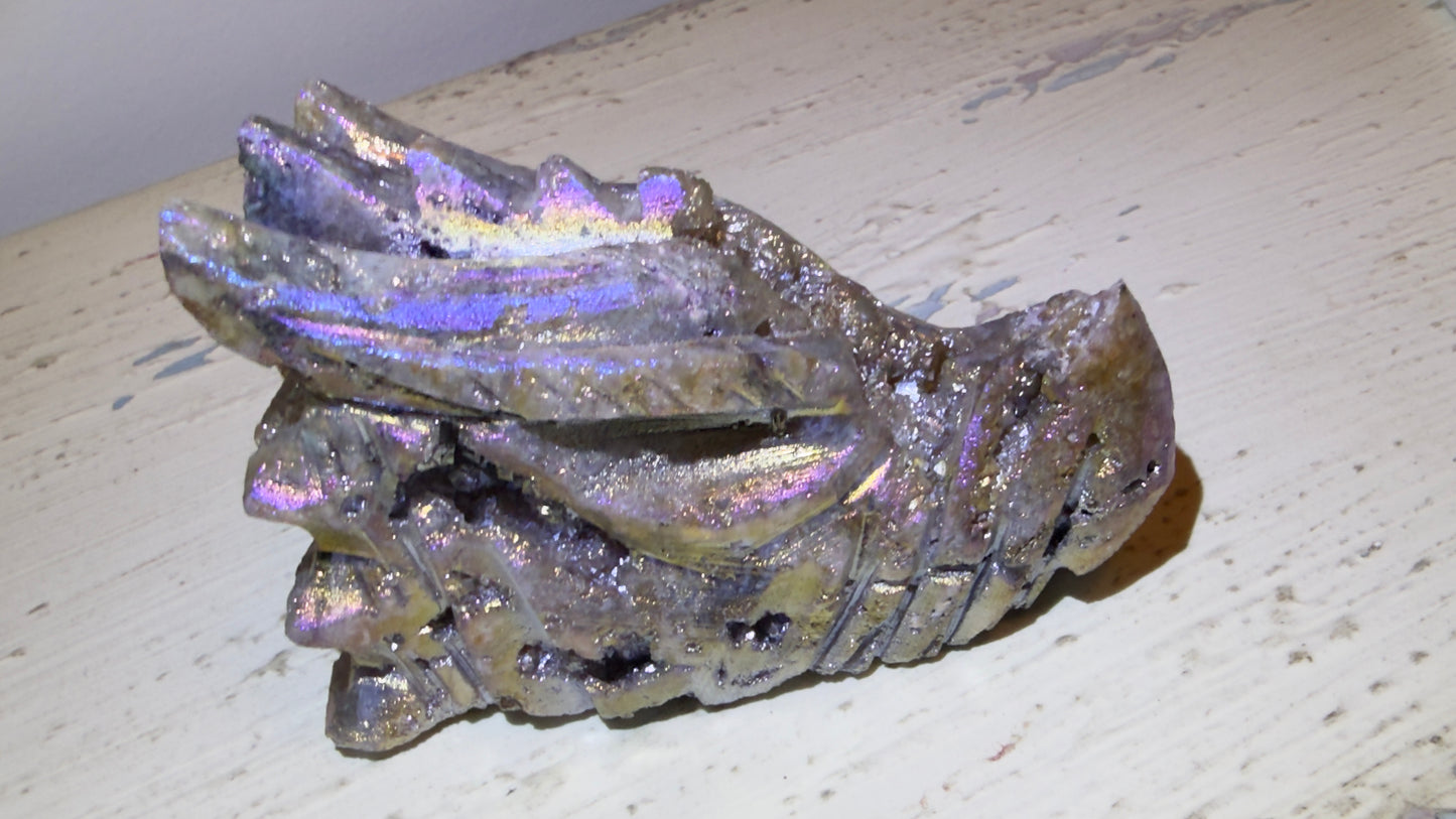 Rainbow Aura Druzy Sphalerite Dragon Head Skull Carving B Wt 12.5 oz
