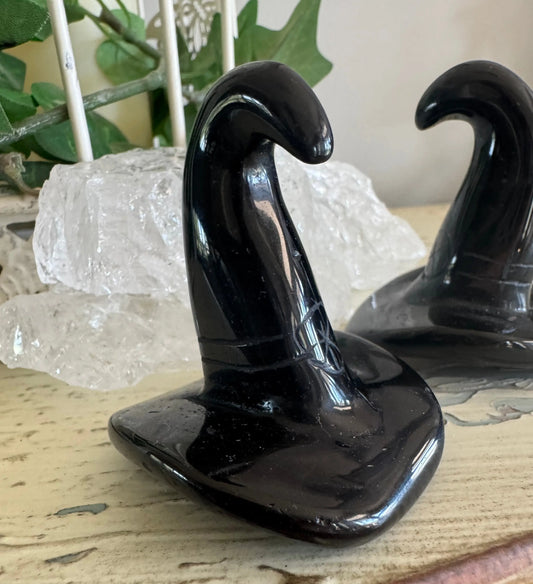 Black Obsidian witch hat crystal carving front view