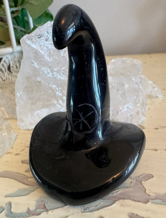 Black Obsidian witch hat crystal carving side view