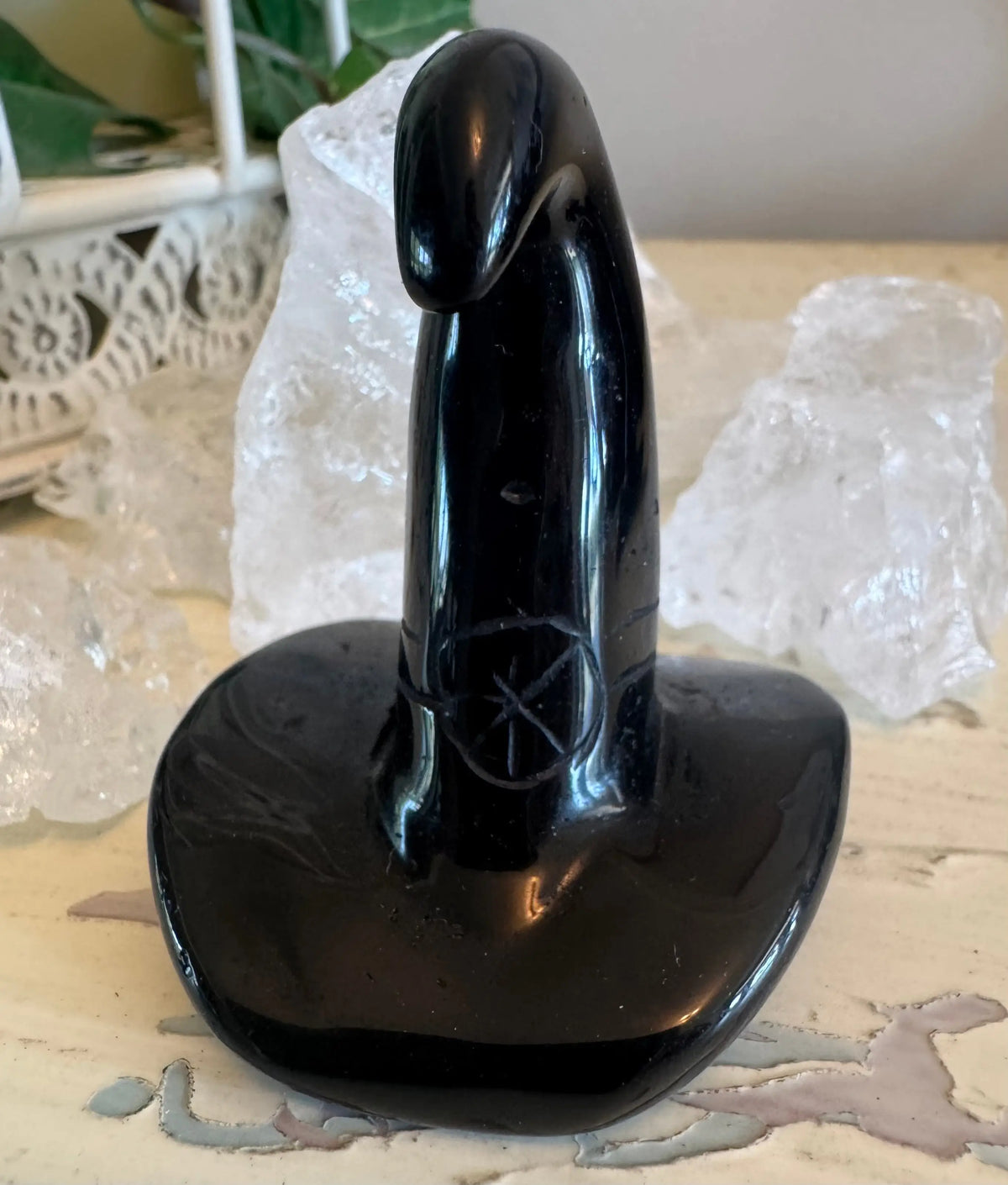 Black Obsidian witch hat carving close-up