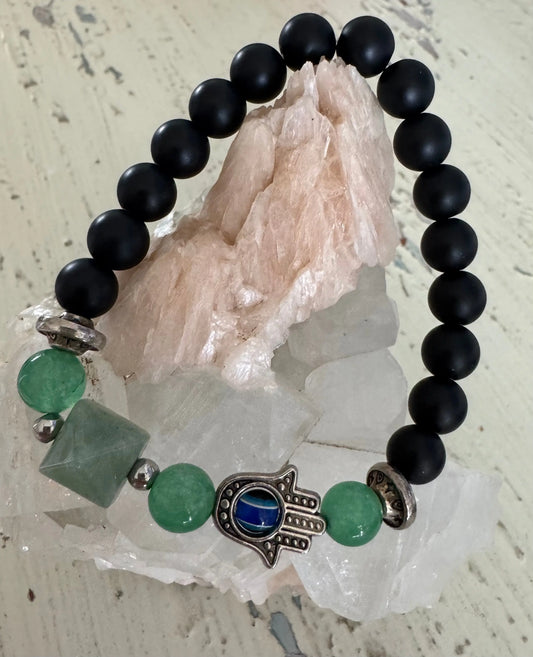 Black Obsidian bracelet with Green Aventurine pyramid and Hamsa charm