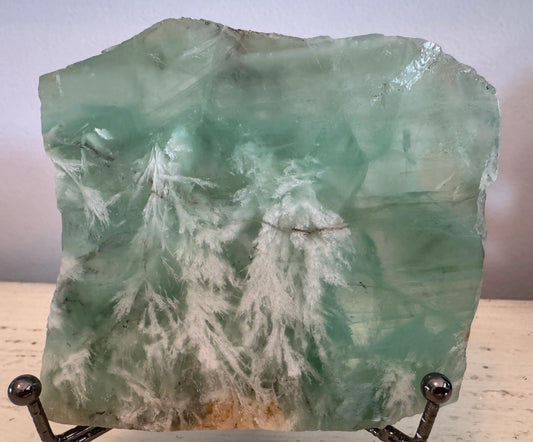 Fluorite slab with Goethite dendrite inclusions close-up