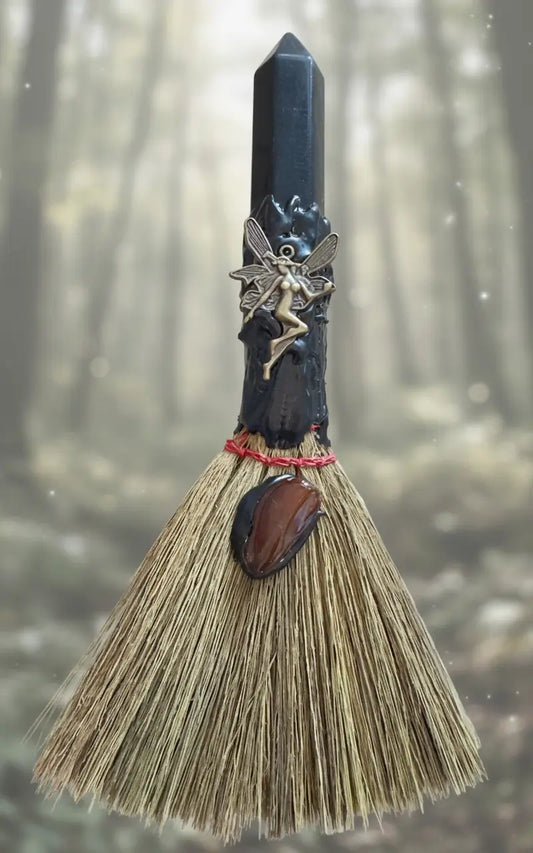 Handcrafted witch protection broom with Black Obsidian finial
