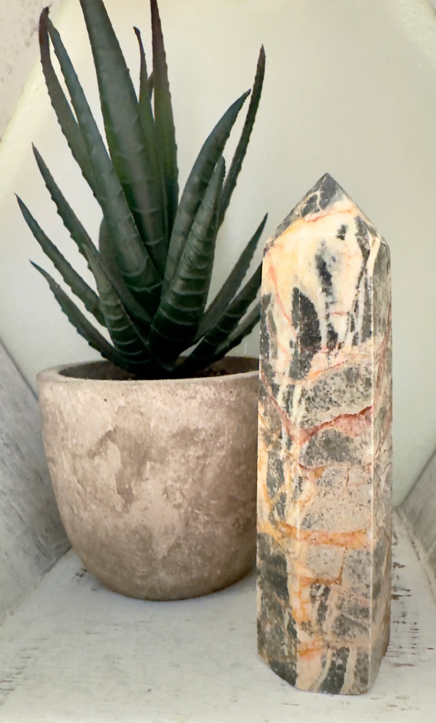 Zebra Marble Jasper Tower on a shelf with a plant behind