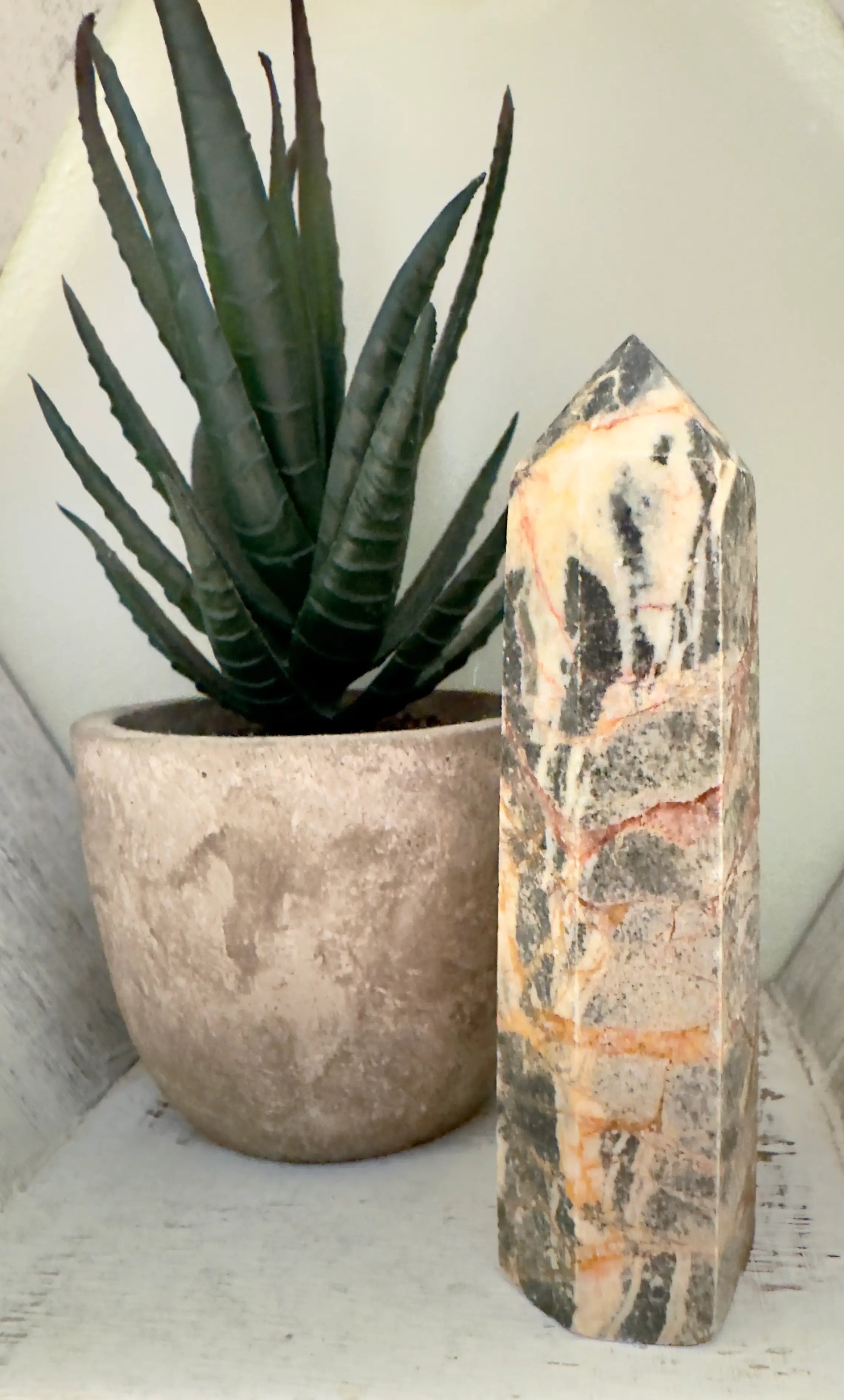 Zebra Marble Jasper Tower on a shelf with a plant behind