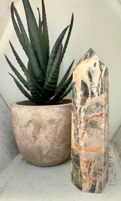 Zebra Marble Jasper Tower on a shelf with a plant behind
