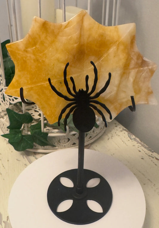 Spider Web Yellow Calcite crystal carving on black spider stand