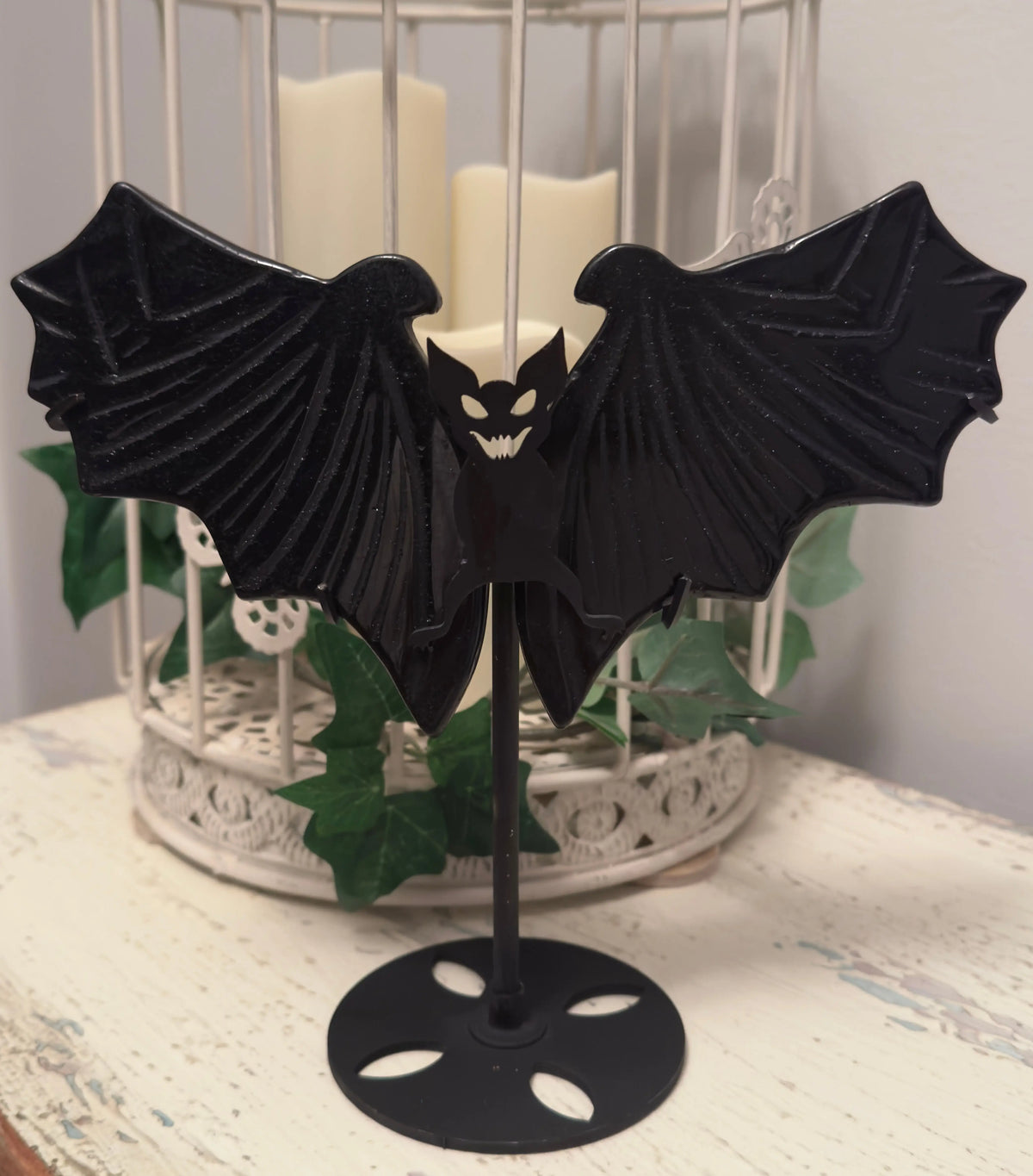 Black Obsidian bat wings carving with stand front view