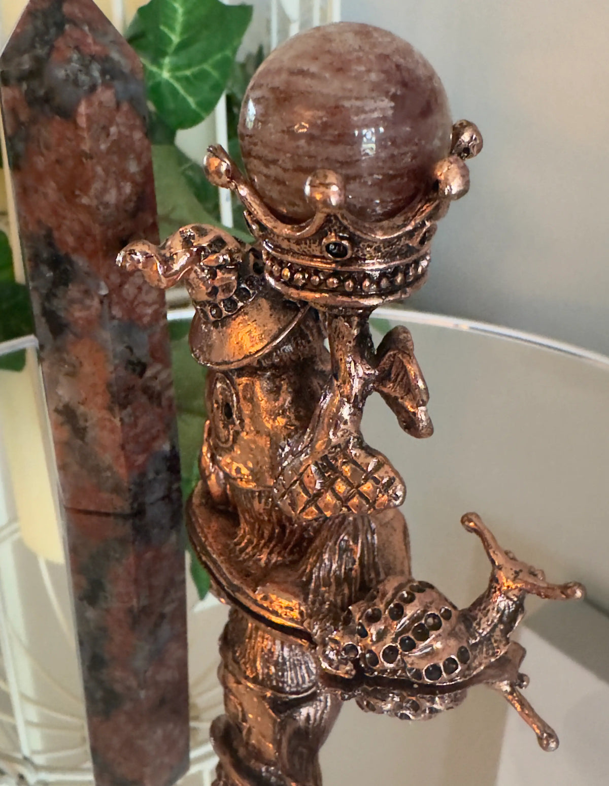 Owl King Crown sphere display with Garden Quartz sphere and Llanite tower