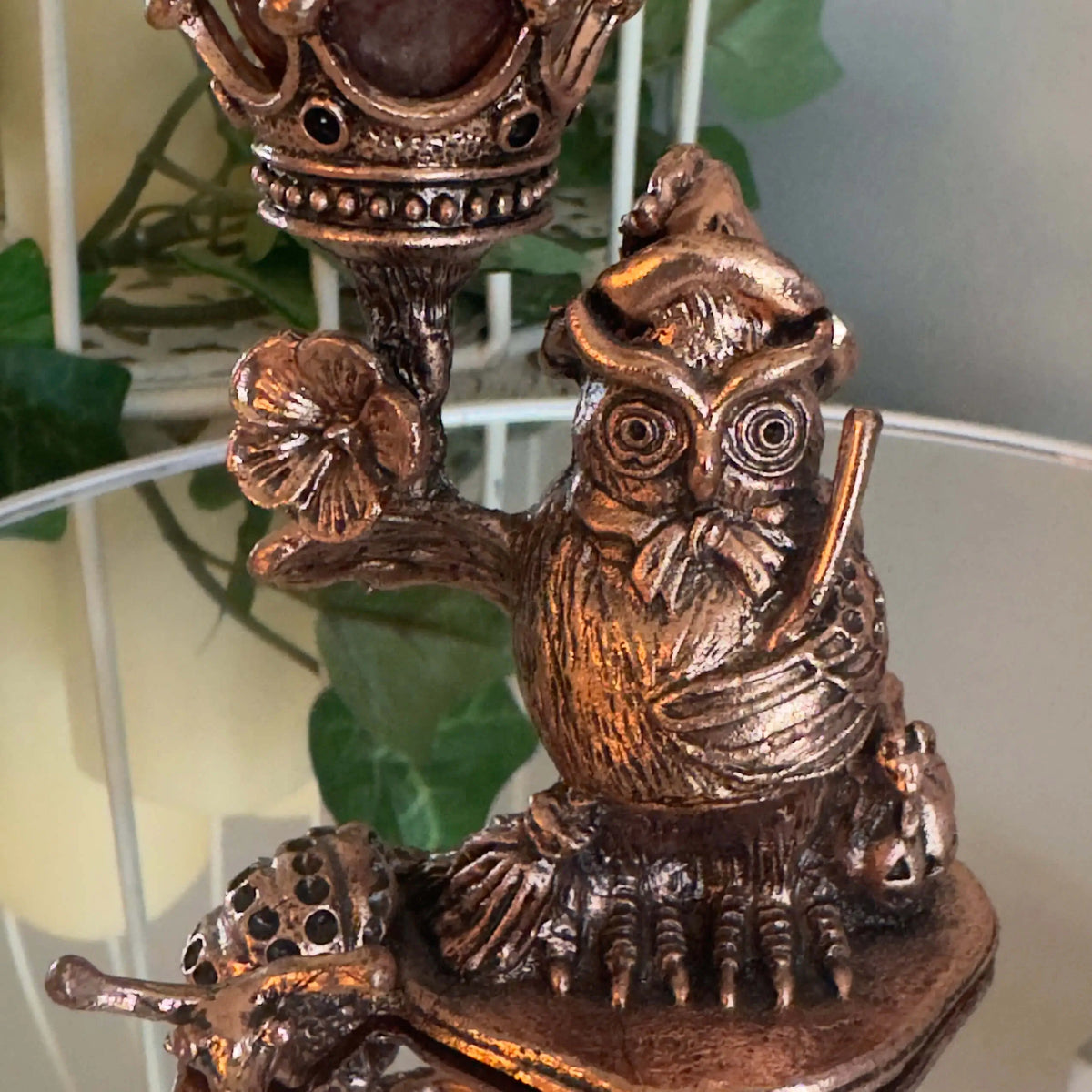 Owl Crown Garden Quartz sphere with bronze stand front view