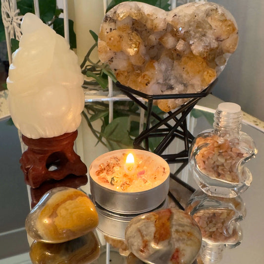Citrine heart and White Calcite gnome crystal set