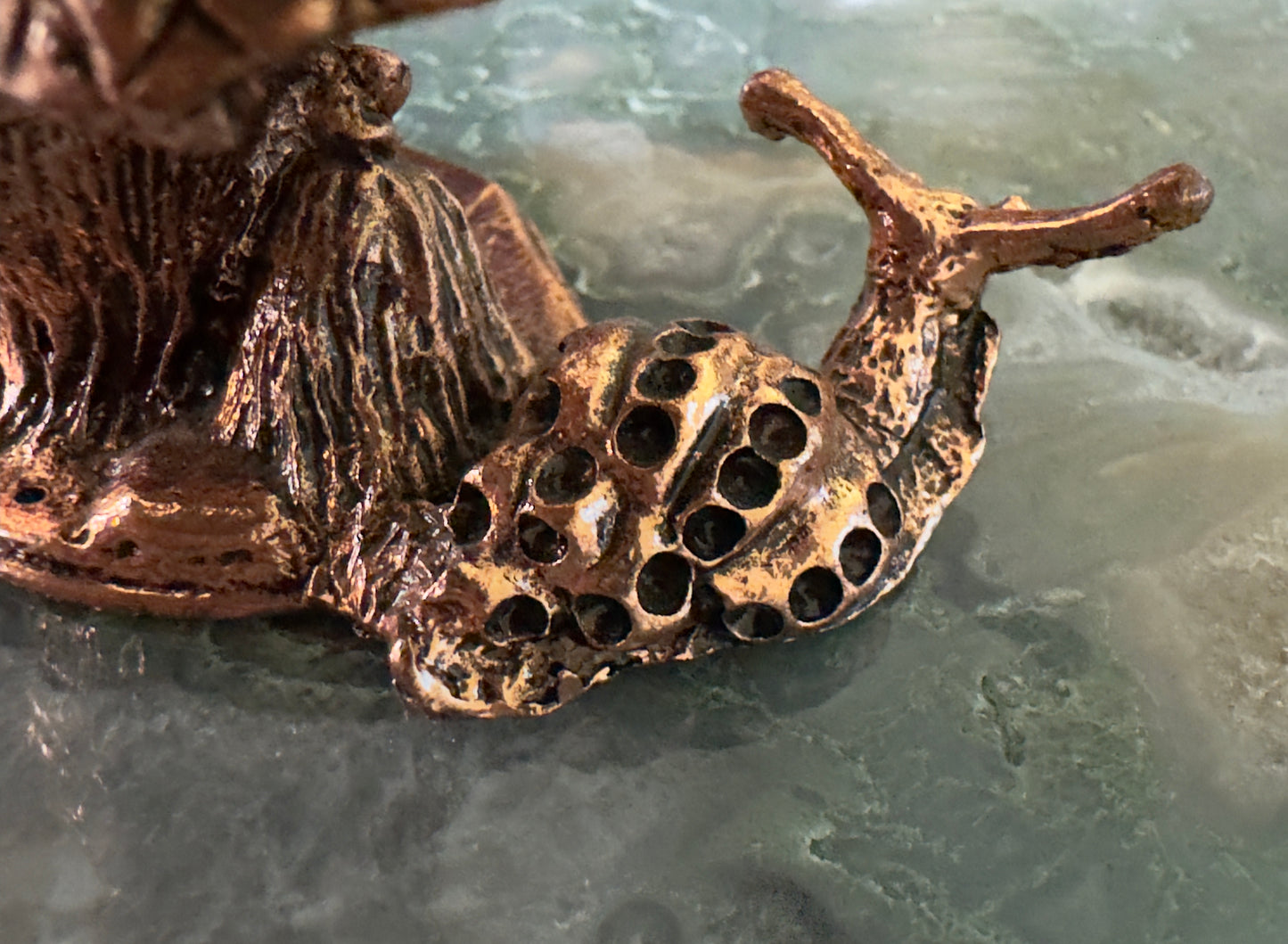 Close-up of a bronze snail figurine.