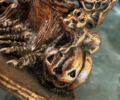Close-up of a textured, metallic brown object featuring skull-shaped elements.