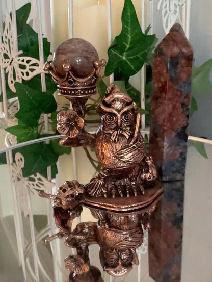 Owl King Crown sphere display with Garden Quartz and Llanite