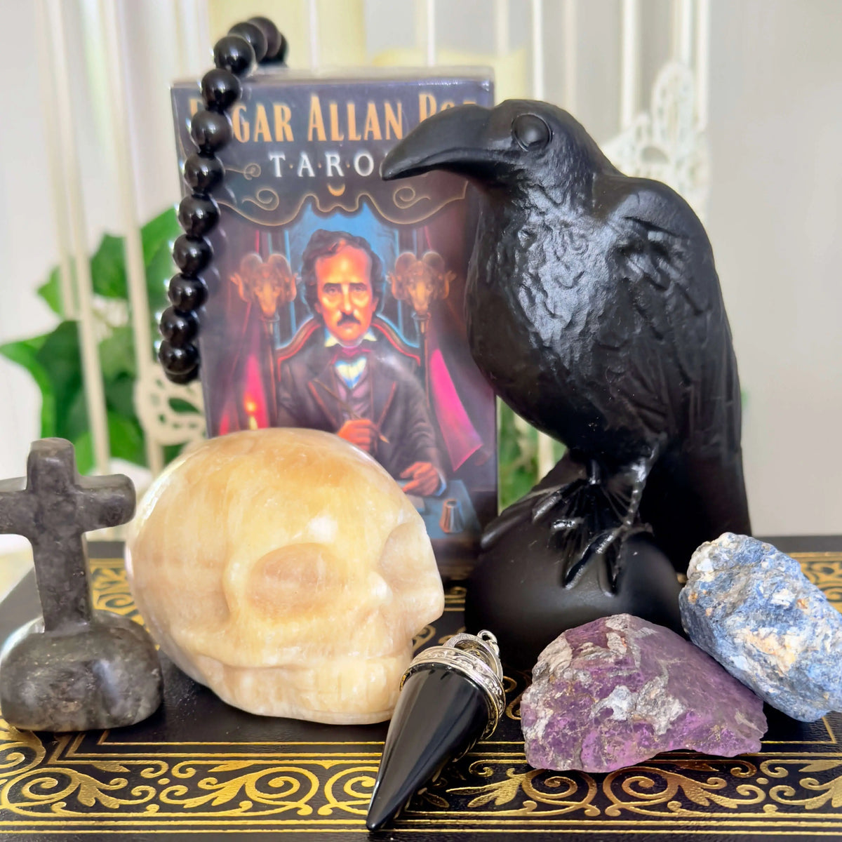Raven gothic divination crystal bundle with Obsidian and pendulum