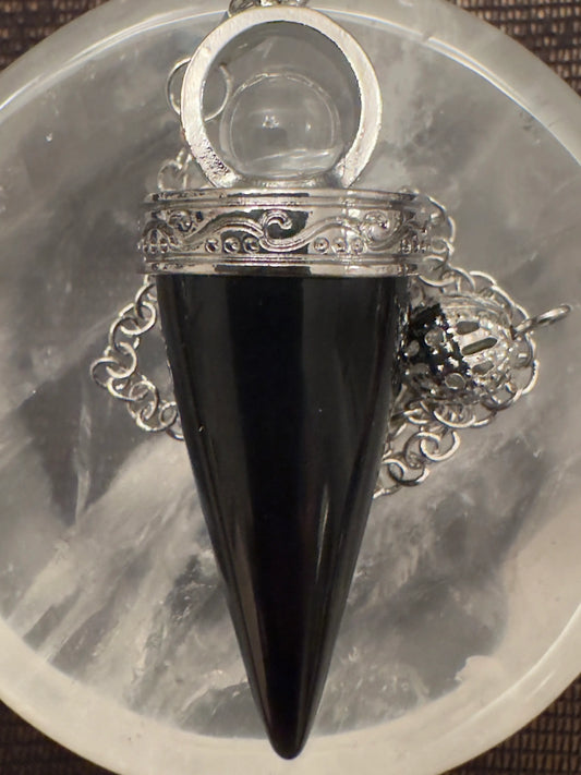 Black, silver, cone-shaped pendulum pendant.