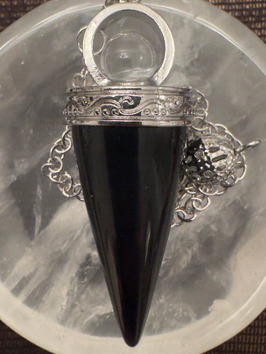 Black, silver, cone-shaped pendulum pendant.