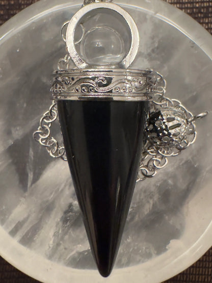 Black, silver, cone-shaped pendulum pendant.