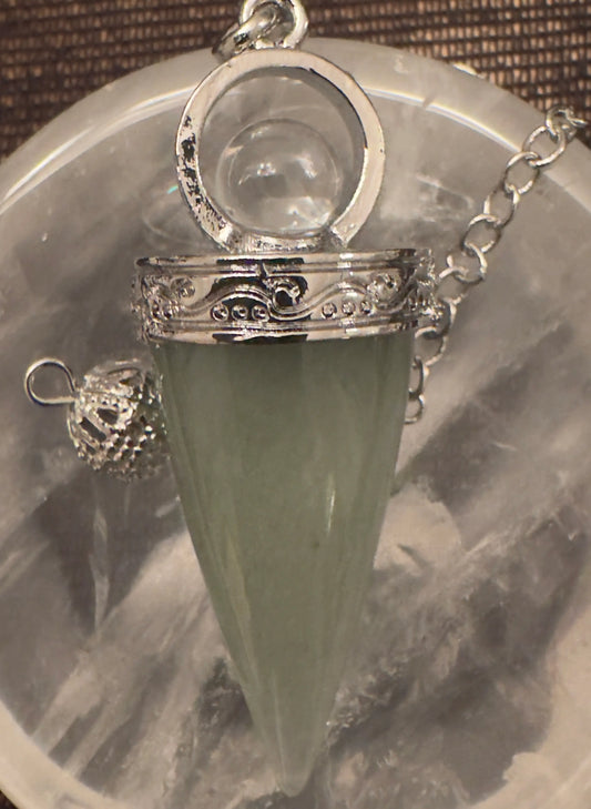 Green cone-shaped crystal pendulum with silver chain