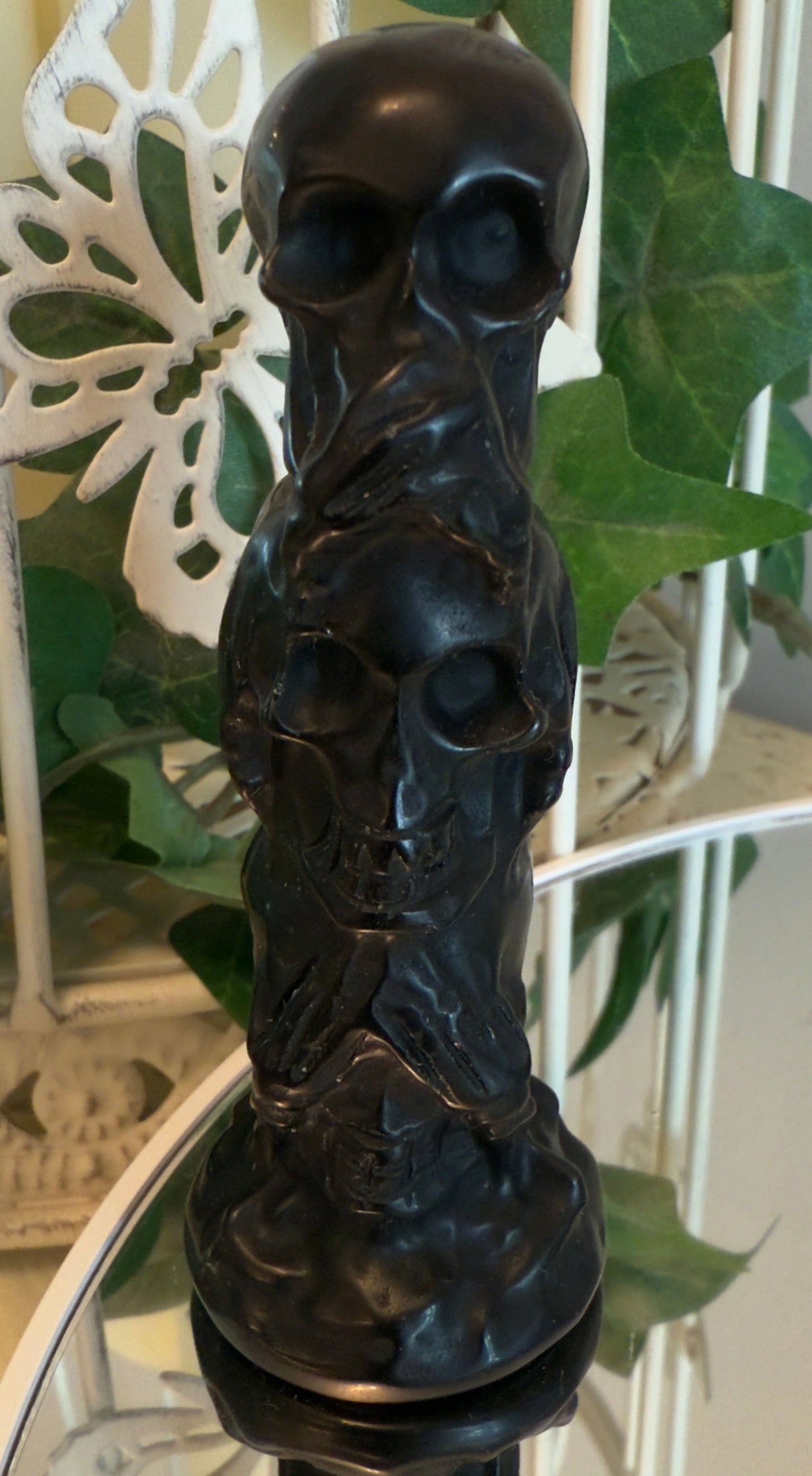 Black Obsidian Skull Totem Carving Speak No Evil, Hear No Evil, See No Evil - Main Street Crystals & Minerals