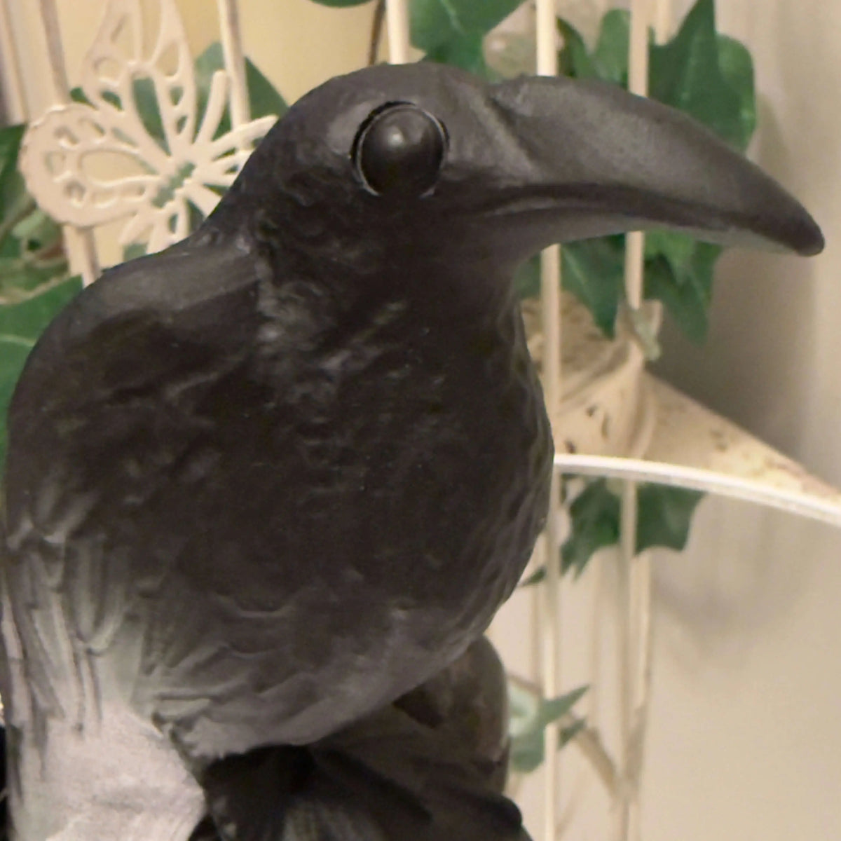 Black obsidian raven figure perched on a sphere.
