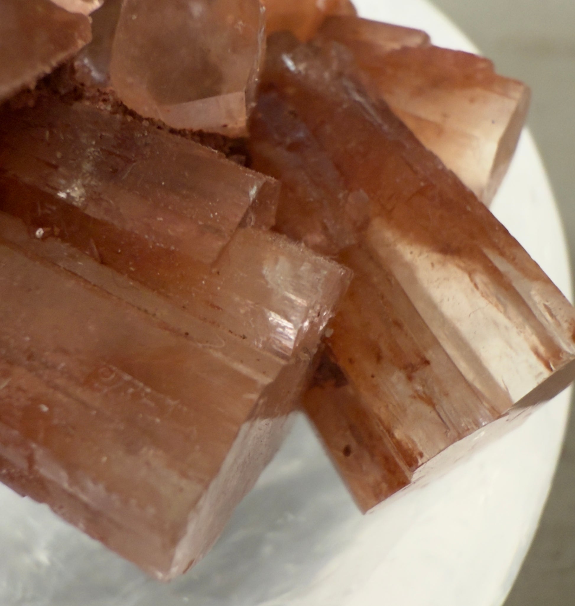 Close-up of salmon-colored crystal formations.