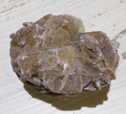 Tan-colored desert rose gypsum crystal on a white surface.