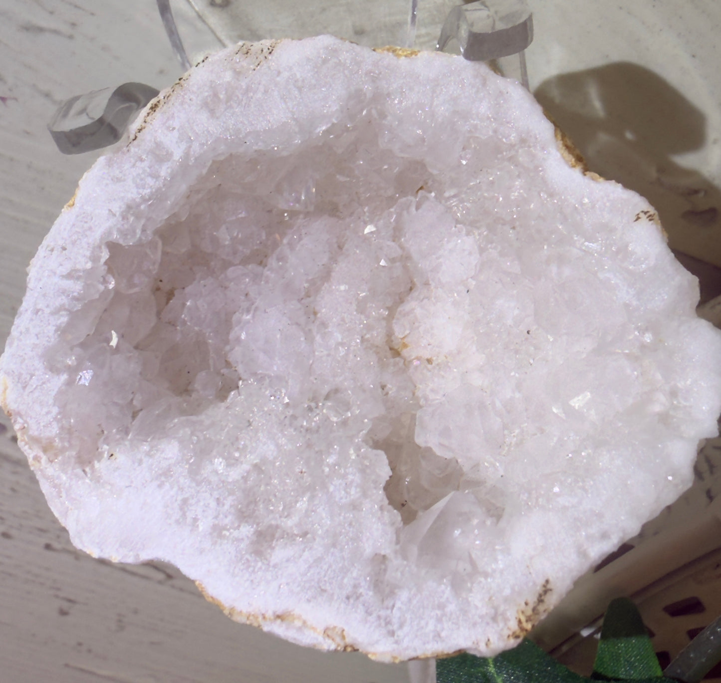 Open geode with white crystals.