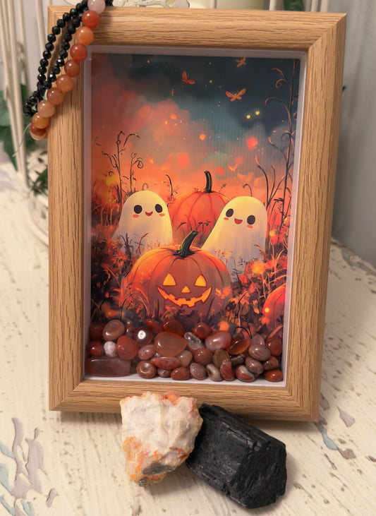 Framed Halloween art featuring ghosts, pumpkins, and gemstones, accompanied by beaded bracelets and mineral specimens on a distressed wooden surface.
