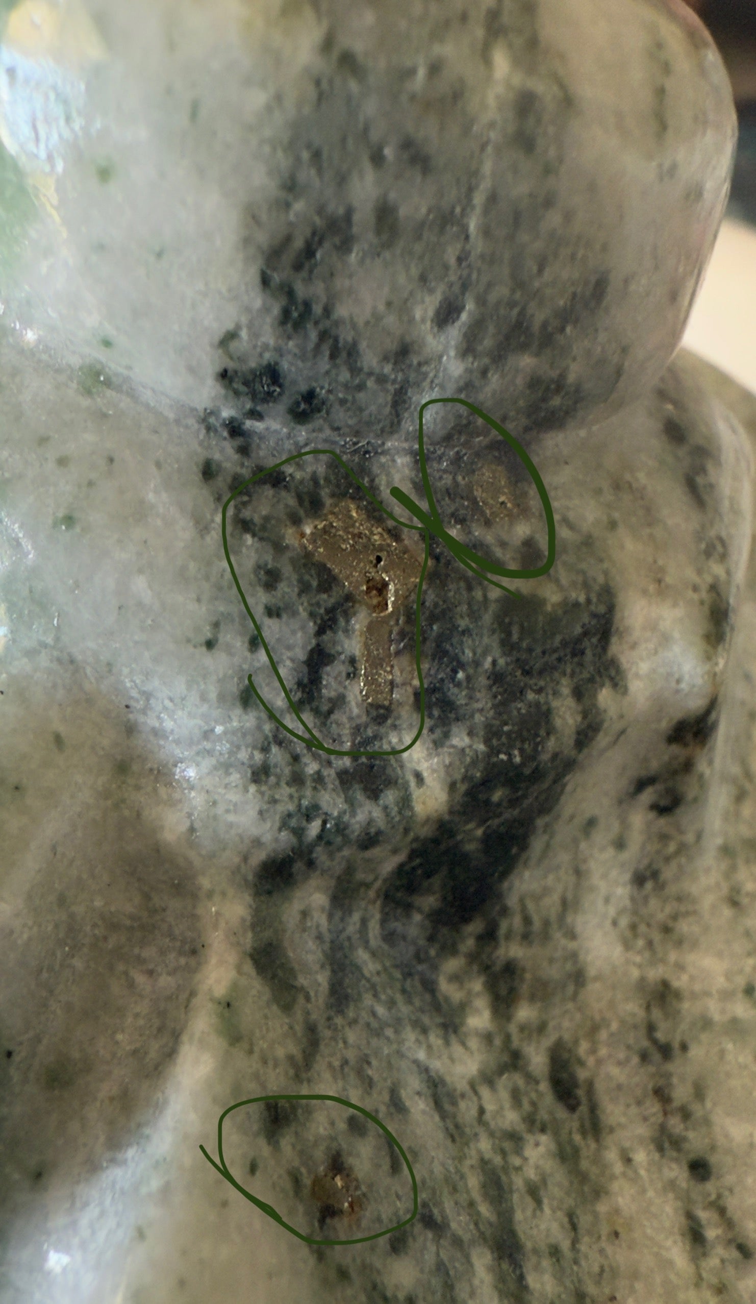 Close-up of mottled gray-green jade statue with gold accents highlighted by green circles.