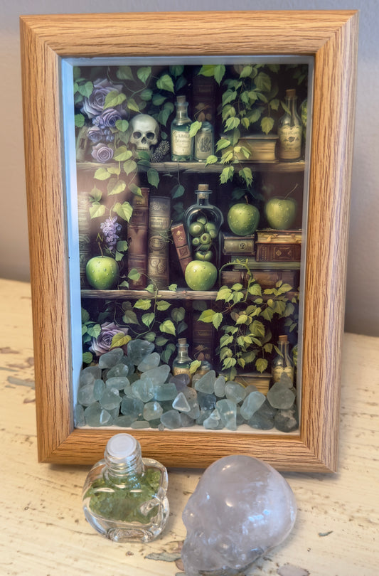 Framed Artwork showing a bookshelf filled with objects such as books, bottles, and fruit, with green aventurine crystals, skull  and Moon shaped spell bottle filled with crystals Clear Quartz carved Skull in front of the artwork 